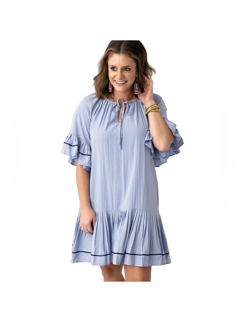 JODIFL Soft Blue Dress Pleated Ruffle Detail Flowy Size L